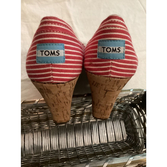 Toms Red and White Striped Peep-Toe Wedges Espadrilles Size W10 - Picture 6 of 6